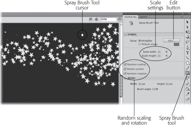 Once the Spray Brush tool is selected the cursor (circled) changes into a spray paint can. Use the Edit button in the Properties panel to load the Spray Brush tool with a symbol. Then use the other property settings to adjust the size and to randomize the spray.