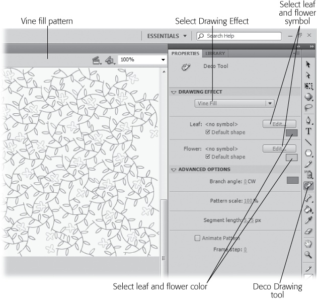 The Deco tool creates three different drawing effects chosen by the drop-down menu in the Properties panel. Here you see the Vine Fill effect and the options that let you select symbol patterns and colors to create interconnected vine patterns.