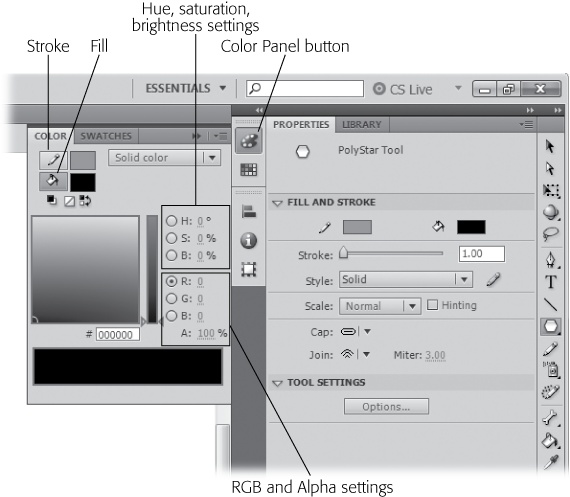 You can choose Window→Color to open this panel, or you can click the Color Panel button. Flash packs a lot of power into the tiny Color tab. But most of the time, you can safely ignore everything except the Stroke and Fill icons (one of which you need to choose before you begin working with the Color tab) and the Color and Brightness windows, which you use to select a custom color.