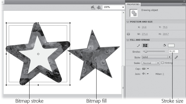 You can apply your bitmap swatch to any shape or object that accepts a fill or stroke. If you're using a bitmap on a stroke, you'll want to set the stroke size to 30 or more.