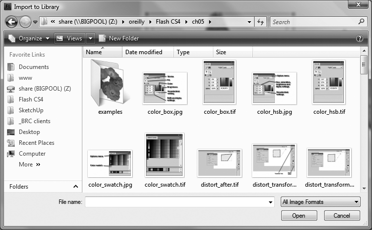 The first time you head to the Color panel and set the Type menu to Bitmap, Flash pops open this Import to Library window. Despite the name (Bitmap), Flash lets you import JPEG and other types of image files; you're not limited to .bmp files. Browse your computer for the image file you want, and then click Open.