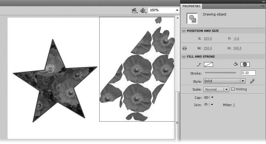 How Flash applies your image to your fill depends on the size of your fill and the size of your image (and whether you select the fill, and then change the Style type to Bitmap, or vice versa). Here, the star is smaller than the image imported into Flash, so Flash shows a single image framed by the star's outline. Because the freeform fill is larger than the image, Flash tiles the image inside the freeform fill. Note, too, that Flash sticks the image you imported into the Library panel.