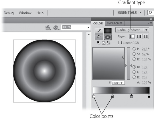 Creating a custom gradient is more art than science. As you create new color bands, adjust the colors, and widen and narrow each band using the color pointers, keep an eye on the gradient preview window and on your selected object, too; Flash updates both as you edit your gradient, so you can see at a glance whether you like the effects you're creating.