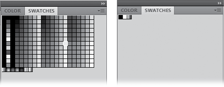 Left: Here's what the typical Swatches tab looks like before you clear it (by clicking the Options menu and then selecting Clear Colors). Think twice before you clear the palette: You can get back Flash's basic color palette, but you lose any custom color swatches you've saved in this document.Right: After you clear the color palette, you're left with black, white, and a gradient.