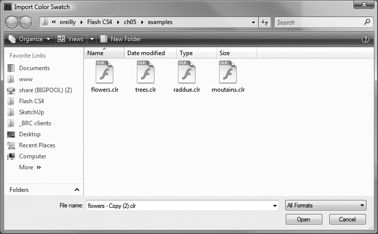 When you head to the Swatches panel, click the Options menu, and then choose Add Colors to import a custom color palette, Flash displays an Import Color Swatch window that should look pretty familiar if you've ever had occasion to open a file on a computer. Here, you click to browse your files. When you find the .clr file containing your custom color palette, click Open. Flash brings you back to your Color Mixer panel, where you see that Flash has pulled in each separate color in your .clr file as a separate swatch, ready for you to use.