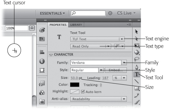 After you select the Text tool, the cursor changes to crosshairs with a T symbol, and the Properties panel shows the available options. At the top, you choose a text engine and text type. Farther down, you can choose a font family, style, and size.