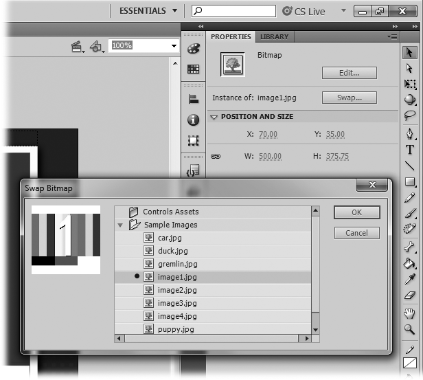 Flash makes it easy to replace one Library symbol for another. Select the symbol on the stage you want to replace and then, in the Properties panel, click the Swap button. A new window appears, like the Swap Bitmap window shown here. Choose your replacement symbol from the list.
