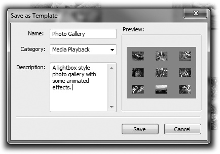 Use the Save as Template dialog box to give your template a name, a category, and a description. This information comes in handy when you or someone else tries to figure out how to use your creation.