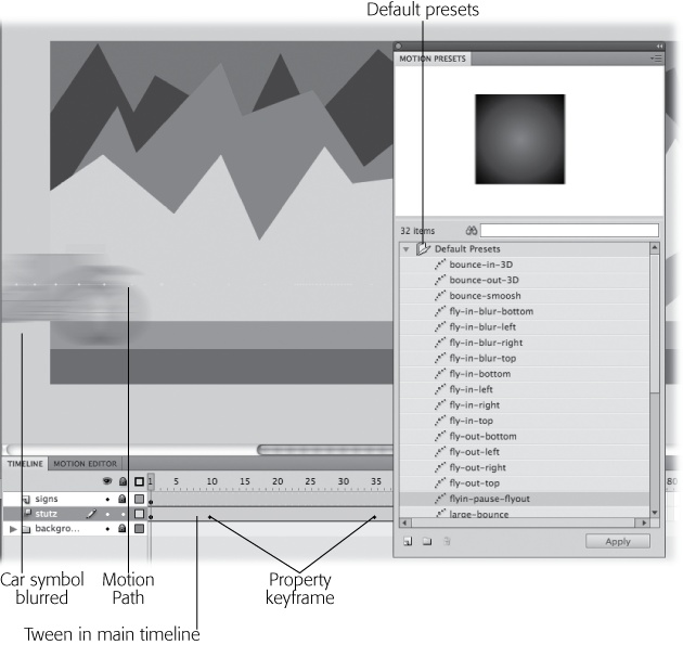 After you apply a tween to a movie clip or text field, you see a motion path attached to the tweened object. A blue tween appears in your animation's timeline, complete with preset property keyframes.