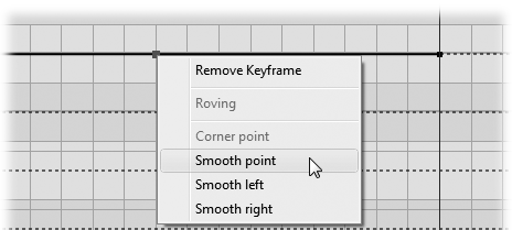 Right-click a property keyframe to change a corner point to a curve. The menu shows different options depending on the position of the property keyframe.