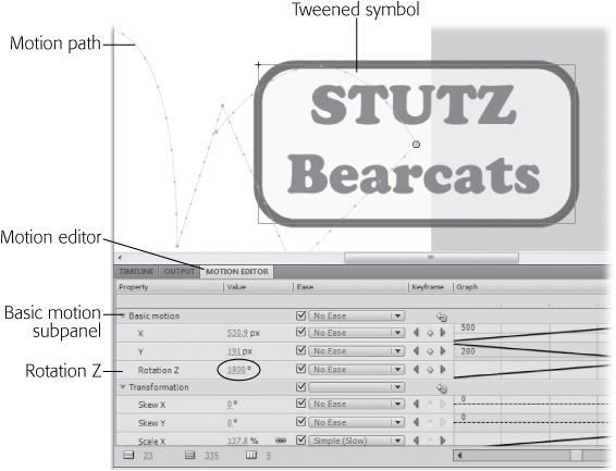 The Motion Editor is made up of numerous subpanels. Each subpanel gives you access to tweenable properties. Here the Rotation Z property is set to 1800. You can click and type a value or drag to "scrub in" a value.