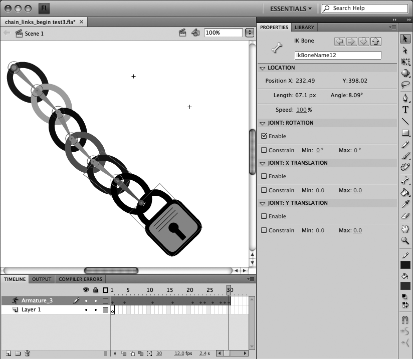 Pose the chain by dragging the lock or by dragging individual links. When you drag a link, the links up to the top rotate around their transformation points; the links down to the lock don't rotate.