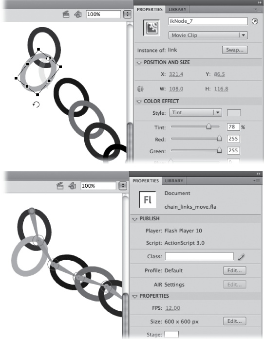 Top: To reposition a symbol relative to the bone armature, use the Transform tool.Bottom: The link has pivoted around its transformation point, but it still moves with the rest of the armature.