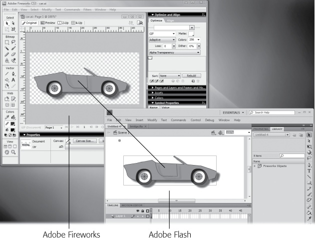 With Adobe Creative Suite programs, like Fireworks, you can drag and drop graphics from one program to another. An Import dialog box opens, letting you choose among the import options.