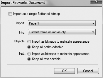 Fireworks import options are similar to those of Photoshop and Illustrator. You can bring in editable objects or flattened images.