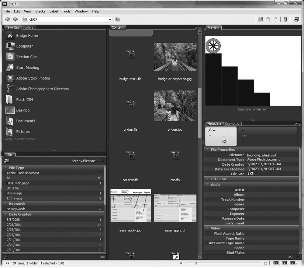 Bridge is Adobe's program for managing, organizing, cataloging, and previewing media files of all flavors. You can customize the program to show the details you need for your media files.