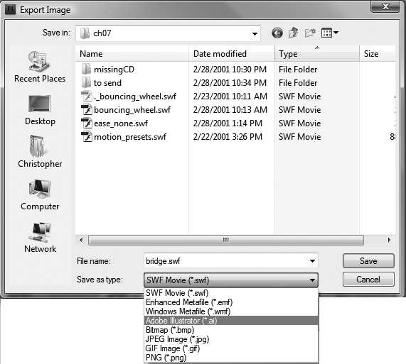 You can export single images and animated sequences from Flash and save them in file formats compatible with other programs. For the complete details on exporting, see page 669.