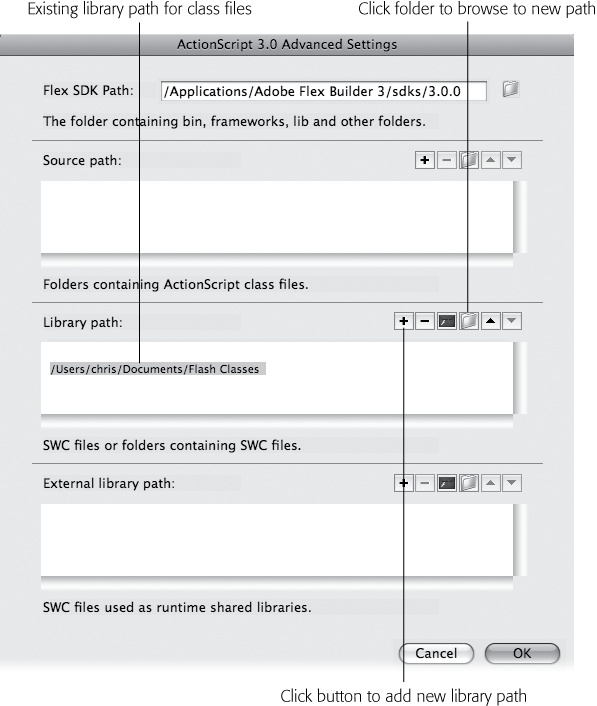 Use the Preferences box to change the basic settings for ActionScript. Here the path to a folder holding ActionScript is specified so the Flash compiler can find it when it builds .swf files.