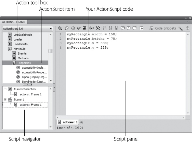 Type your ActionScript statements directly into the Script pane of the Actions panel. Remember to include semicolons (;) at the end of statements, and remember that capitalization counts.