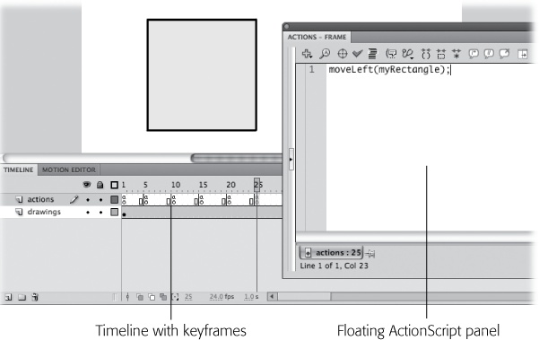 Drag the ActionScript panel by the top bar, and you create a floating window like this one. The single line calling the moveLeft() function appears in the Script pane.