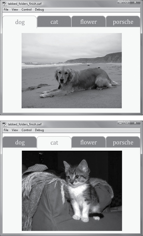 You can make a tabbed window interface using three simple mouse events. Top: The dog tab is selected, and the content area below shows a dog. Bottom: Clicking the cat tab changes the tab's appearance and the content below.