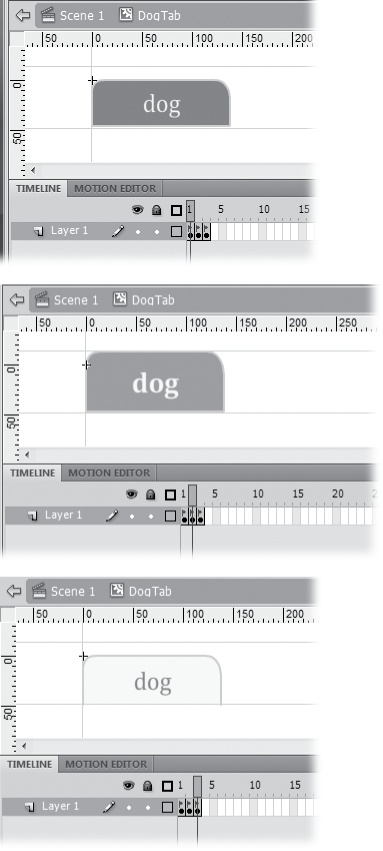 Each tab is a movie clip with three frames, one for each state of the tab. Shown here in the symbol editing view, the top picture shows the "out" state, the middle shows "over," and the bottom shows "selected."