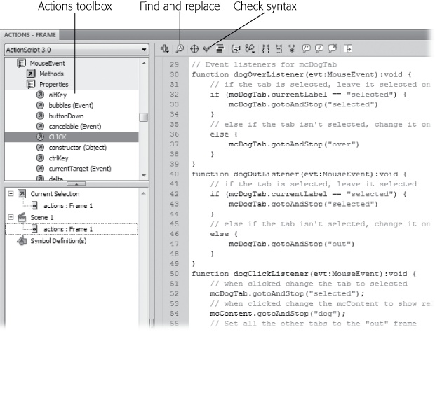 The Actions window has tools to help you find typos (Check Syntax), find and replace words, and insert prebuilt chunks of code (Actions toolbox).