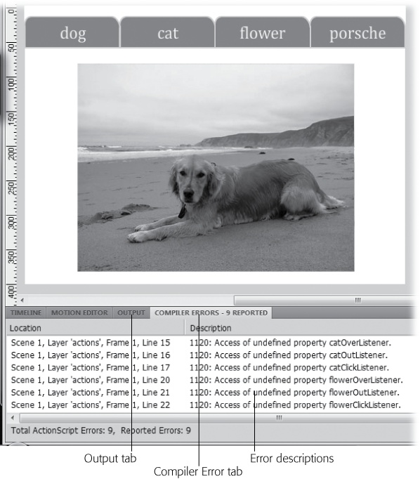 When testing your ActionScript programs, errors appear in the Compiler Errors window. Double-click an error, and ActionScript highlights the line of code that created the problem.