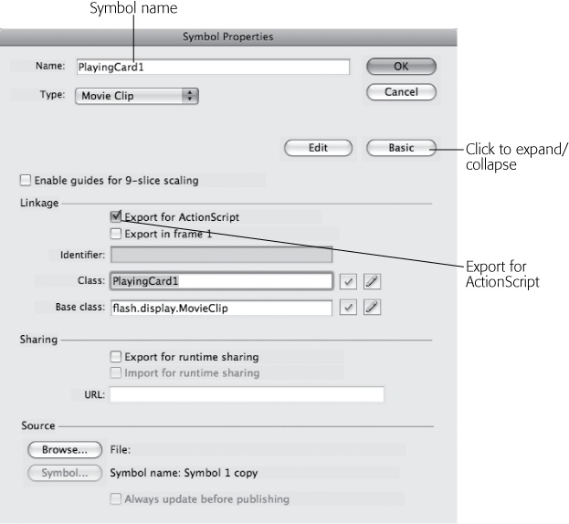 Use the Symbol Properties dialog box to turn symbols into classes that you can access with ActionScript code. After turning on the Export for ActionScript checkbox, provide a name for the new class in the Class text box.