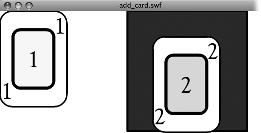 After you add card2 to the Display List as a child of greenTable, it appears in its container. Now that it's a container, card2's x/y coordinates use greenTable (not the stage) as a reference point. The card is placed 50 pixels from the left edge and 50 pixels from the top of greenTable's borders.