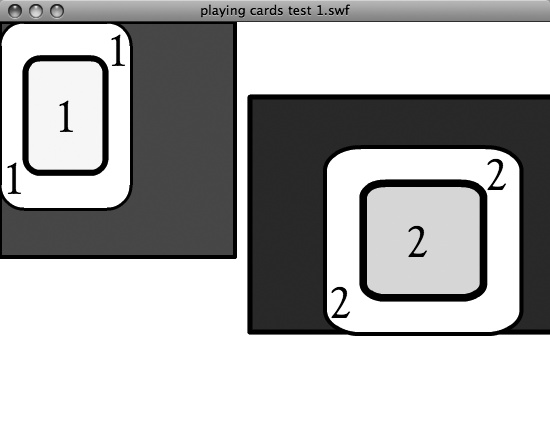 In the code it's currently on this page, there are two display object containers representing tables, with cards in them. A scaleX() method has transformed the green table (right). The transformation affects both the table and the card in the table.