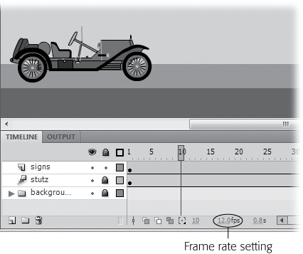 In addition to clicking the Frame Rate setting (circled) in the timeline, Flash gives you two additional ways to set your animation's frame rate. You can select Modify→Document (which pops up the window in Figure 15-1) or click the stage and then change the frame rate directly in the Properties panel (Properties→ Properties→FPS). Flash doesn't prevent you from changing your frame rate in the middle of building an animation, but it's such a basic characteristic that you typically want to set it once up front and change it later only if you absolutely have to.