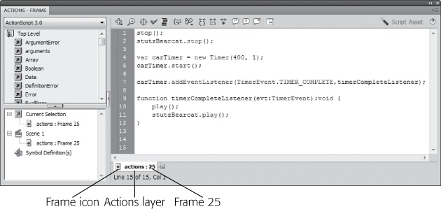 The tab at the bottom of the Actions panel provides details about the location of the code shown. In this case, the code resides on the 25th frame of the actions layer.