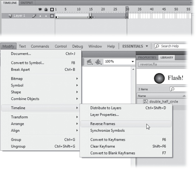 Top: You don't have to begin a reverse series directly after the original series, but in most cases—where you want a seamless transition—you do. After you paste the series, make sure you select the pasted frames if Flash hasn't done it for you.Bottom: The Reverse Frames option here appears grayed out if the pasted frame series isn't highlighted.