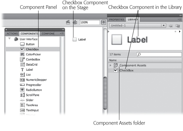 When you drag a component from the Components panel to the stage, Flash automatically adds the component and a Component Assets folder to the Library.