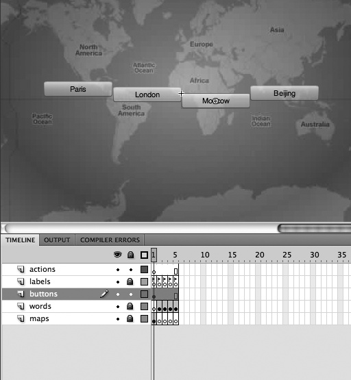 Arrange the buttons so that they're roughly, end to end, in a left-to-right order: Paris, London, Moscow, and Beijing. Then use Flash's Modify→Align tools to tidy them up. © 2008 Google Maps