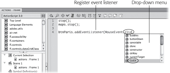 As you type code, the Actions panel provides help. For example, after you enter MouseEvent and a period (.), a drop-down menu displays the properties and methods for MouseEvent. You can keep on typing, or you can make a selection from the list.