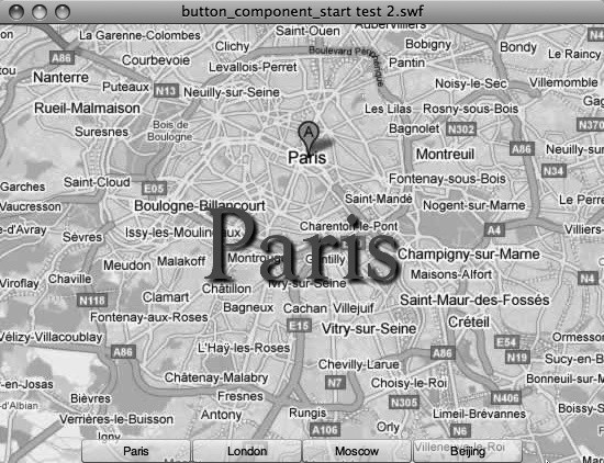 ActionScript code controls the main timeline, which displays the word "Paris," and the Maps movie clip, which displays the Paris city map background. © 2008 Google Maps