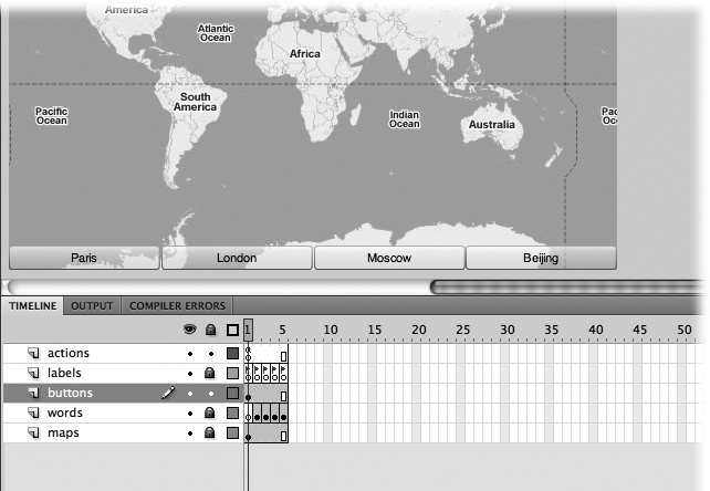 Using the Properties panel, you can change the properties of the instances on the stage. Here the width of the Button components has been changed. © 2008 Google Maps