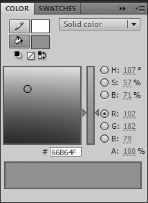 Drag the crosshairs to choose a hue, and then adjust the brightness of the color using the vertical slider on the right. When you're happy with the color previewed at the bottom, select and copy the hexadecimal number that appears in the box. To use the number in ActionScript, replace the # with 0x (ActionScript's identifier for hex values).