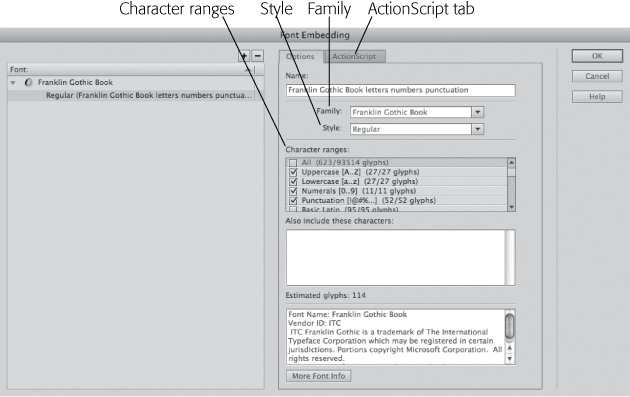 If you're new to Flash, the concept and process of embedding fonts can be a little mind-boggling. Fortunately, in Flash Professional CS5, you can do all these chores in one spot—the Font Embedding dialog box.