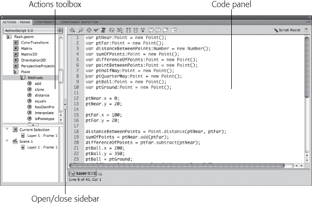 The appearance of the Actions panel changes depending on the way you configure it. Here the Actions toolbox is displayed. You can open or close it by clicking the open/close sidebar button.