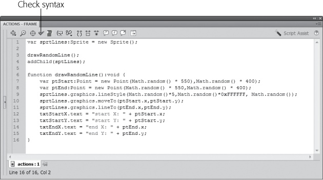 The Check syntax button looks like a check. One click, and Flash proofreads your code to find typos and punctuation errors.