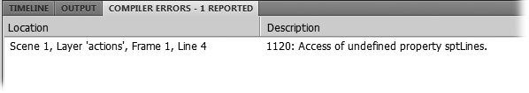 Here the Compiler Errors pane is reporting an undefined property. This type of error is often the result of misspelling an object or variable's name.