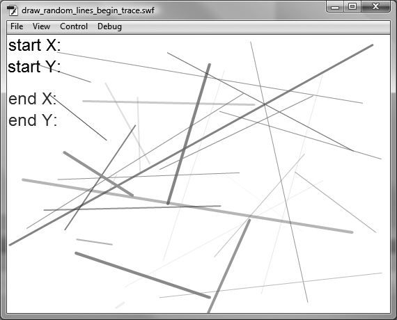 When you test the animation draw_random_lines_begin.fla, it displays lines on the stage, but it doesn't display the point coordinates for the lines as it should.