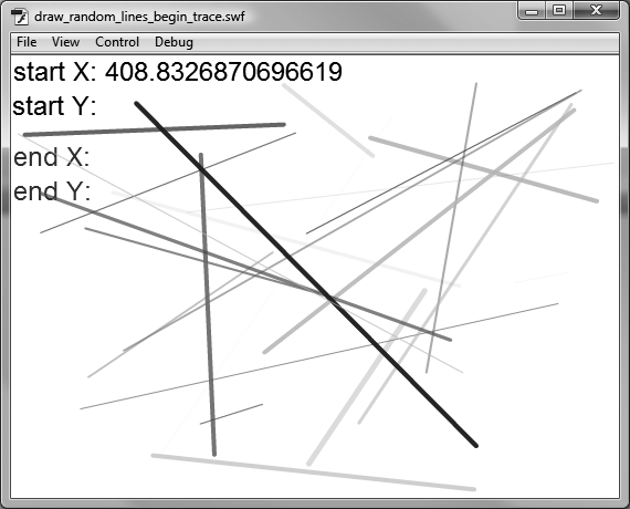 After changing the width of the text field, Flash displays the very long number that represents the x property for your line's starting point.