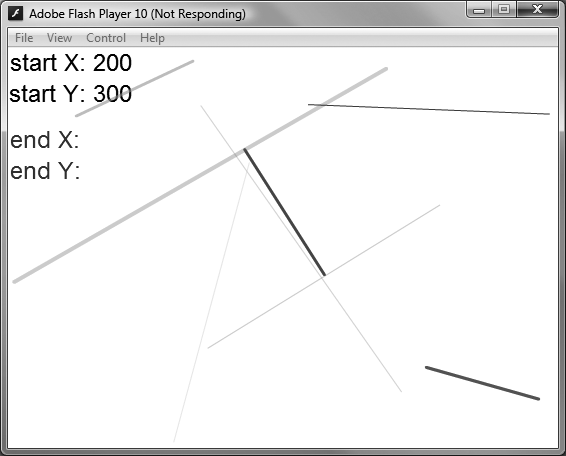 When you change values in the Debugger, you can see the results in your animation. Here, the values for two of the text fields have been changed. Before the change, the numbers were too long to be displayed by the text fields.