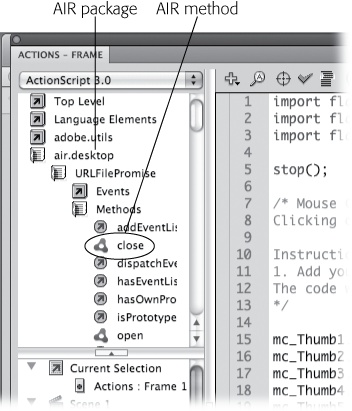 There are special packages and classes you can use with AIR projects. Open the Actions panel, and you see several packages that begin with the name "air." AIR methods have a special icon (circled) next to their names in the Actions window and in the ActionScript documents.