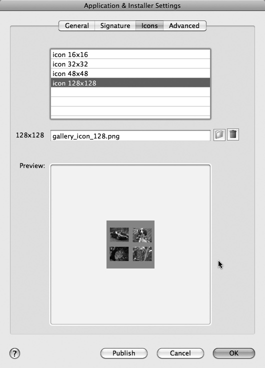 Use the Icons tab to associate program icons with your AIR application. The host operating system uses these images to display thumbnails at various sizes.