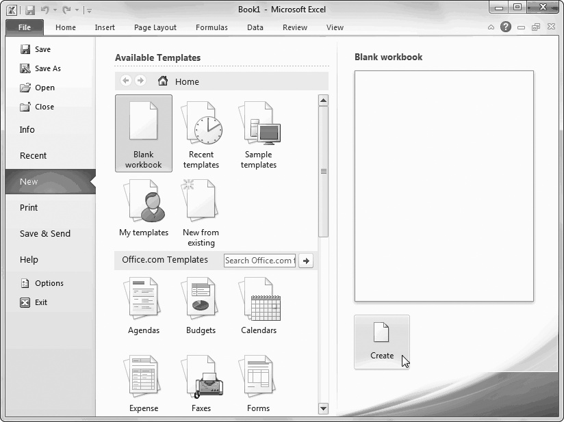 Excel lets you create a new, blank workbook or a ready-made workbook from a template. For now, choose "Blank workbook" and then click the big Create button in the bottom-right corner. You'll learn about using (and making) templates in Chapter 16.